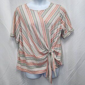 Perseption Striped Tie Front Top Womens 2X Plus Blouse Stretch Short Sleeve T11X